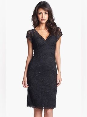MARINA TIERED LACE DOUBLE V NCKE PETITE COCKTAIL EVENING EVENT DRESS SZ 10P